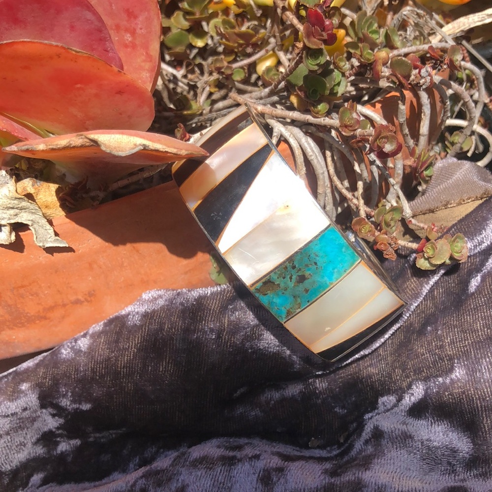 Sterling turquoise mother pearl onyx cuff bracelet